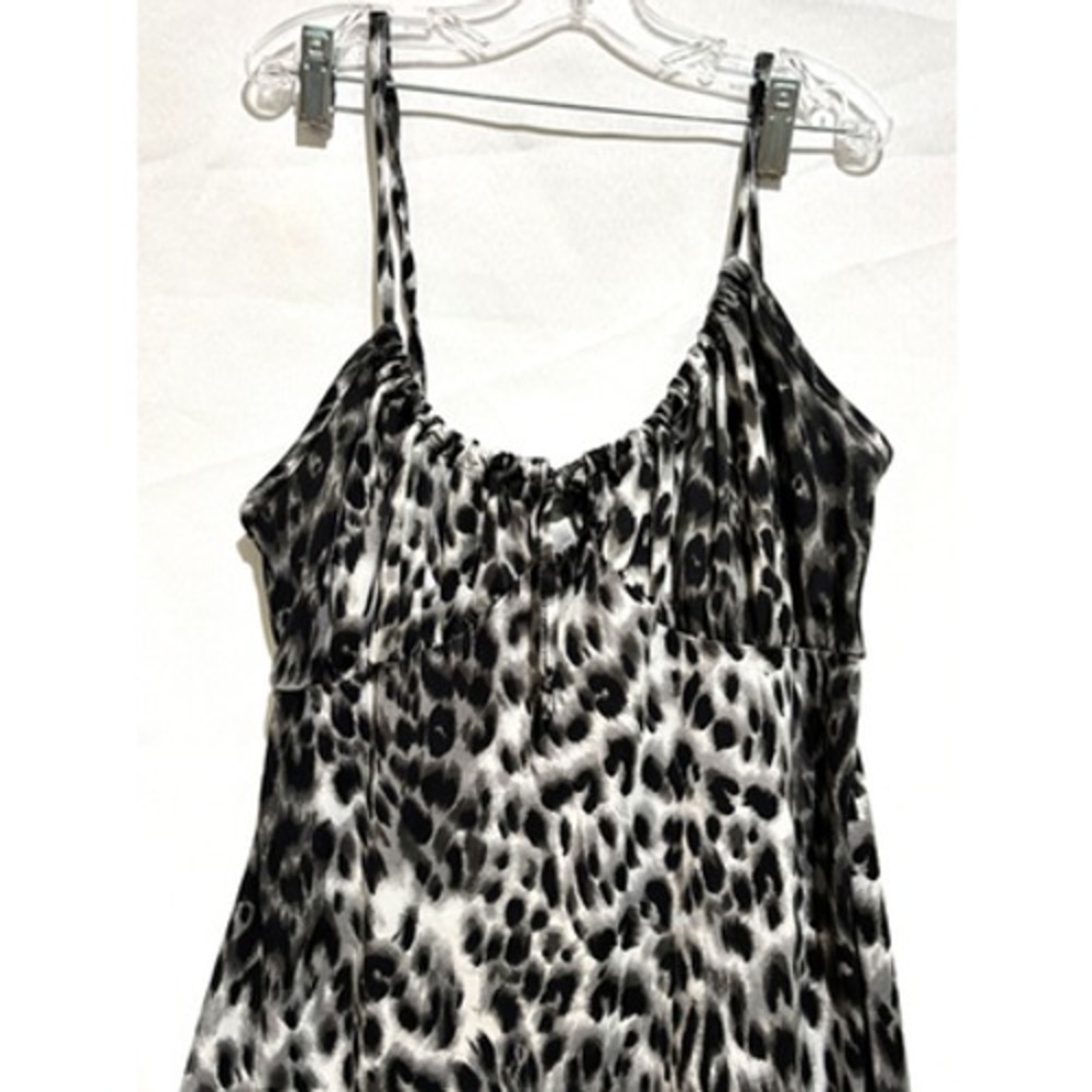 Womens Leopard Print Ruched Bust Milkmaid Midi Slip Dress Sz L y2k Grunge Edgy - Picture 2 of 10